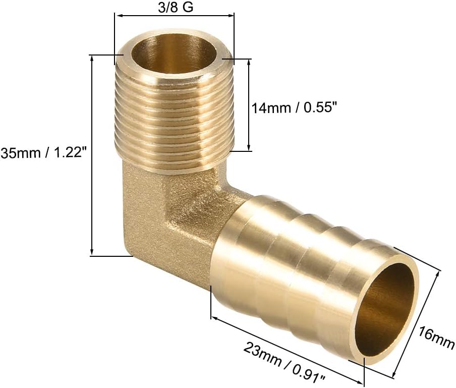 sourcing map Brass Barb Hose Fitting, 90 Degree Elbow 16mm Barbed to 3/8PT Male Pipe Adapter Connector 2pcs - Image 3