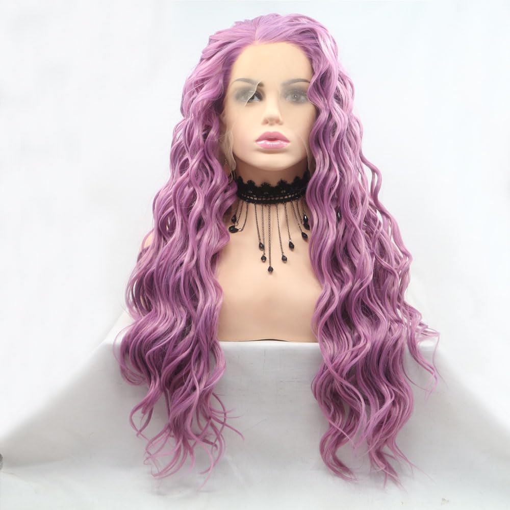 Xiweiya Long Curly Lavender Purple Synthetic Lace Front Wigs 13 * 3 Lace Hand Tied Lace Front Wig Heat Resistant Fiber Heat Resisitant for Women 24inches