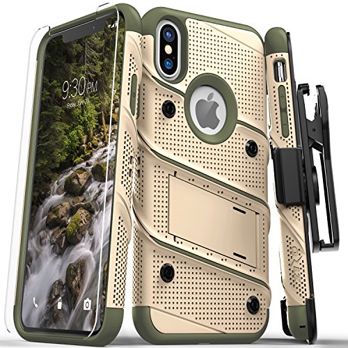 iPhone X Case - Zizo [Bolt Series] with Screen Protector, Kickstand [12 ft. Military Grade Drop Tested] Holster Belt Clip (Desert Tan/Camo Green)