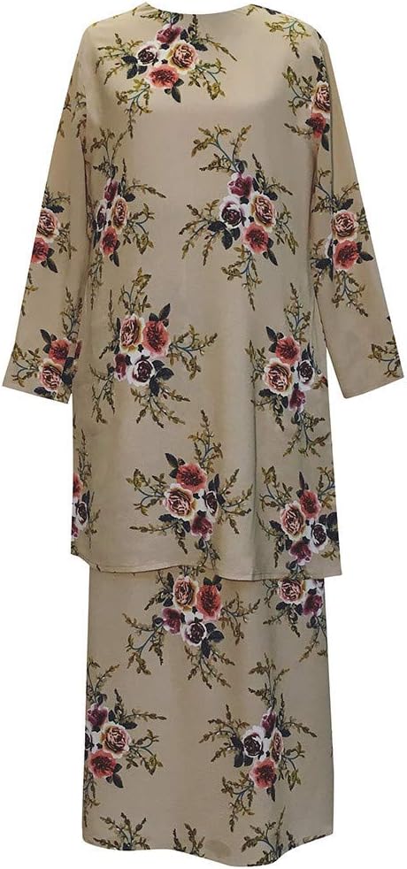 Muslim Ramadan 1 PC Women Dress+1PC tops Clearance On Sale M-5XL Ethnic Robes Abaya Muslim long Sleeve Print Maxi Dress (XXXL, Khaki)