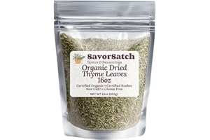 SavorSatch Organic Thyme Leaf Whole - 16oz (1lb) Resealable Pouch | Non-GMO, USDA Certified Organic, Certified Kosher | Bulk Pack of Dried Thyme Leaves - 1 Pound | Product of Egypt | For Restaurants Commercial Kitchens Cooking Enthusiasts Bulk Ingredients