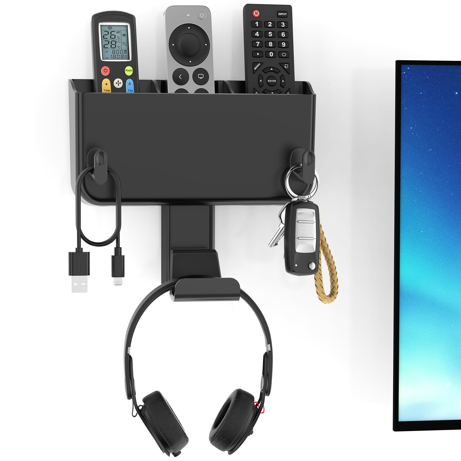 Adhesive Remote Control Holder Wall Mount with Headset Hanger, 3 in 1 Organizer TV/Fan Remote Caddy with Hook for Headphone, No Drill Controller Storage Bracket, Bed Wall Rack for Sega Game Gear Games