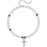 Mikovivi Baseball Rhinestone Necklace, 16in Cross Pendant, White Blue, Unisex Adult, Baseball Fans, Stainless Steel Chain, Casual, Rhinestone Beads