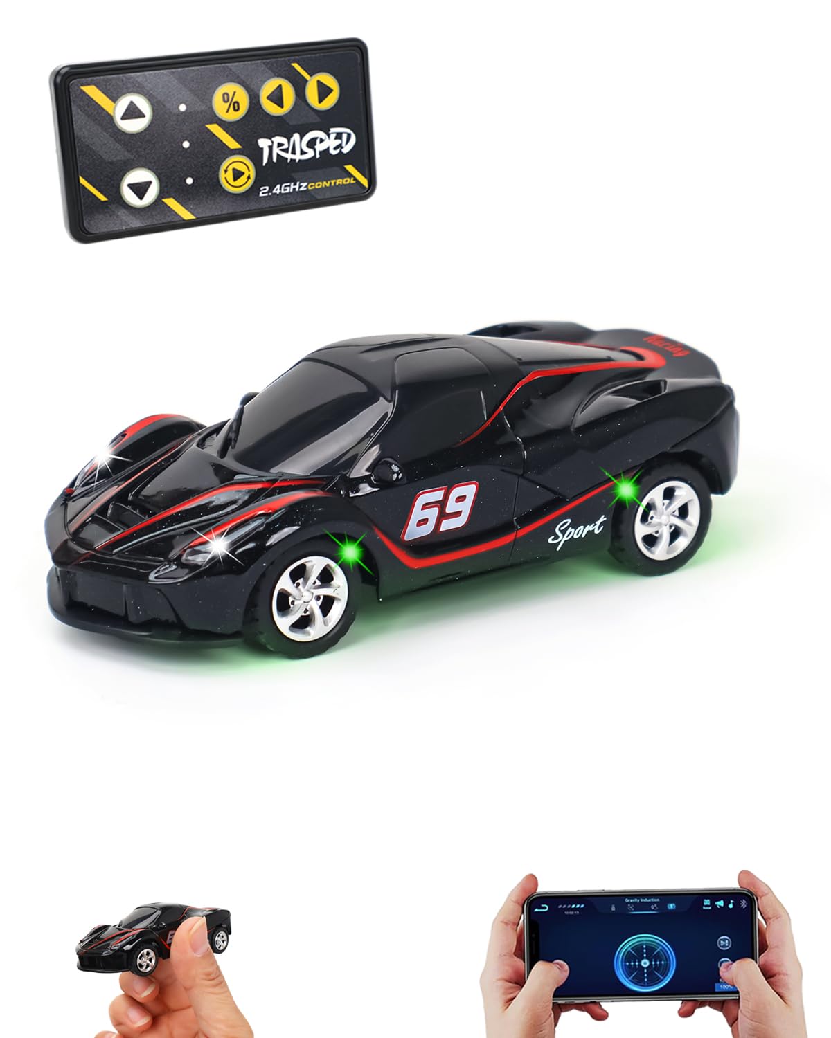 Photo 1 of 1:64 Black RC Cars for Kids Toys, 2.4Ghz Remote and APP Control, Mini Alloy Race Car with Cool Light and USB-C Recharging, Speed Adjustable Steering Easy to Operate, Gift for Children, Boys, Girls