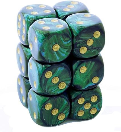 Scarab 16mm d6 Jade/gold Dice Block 12 pipped dice
