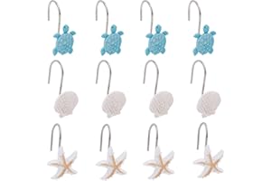 12pcs Ocean Themed Shower Curtain Hooks Decorative, Shell Turtle Starfish Sea Animal Shower Curtain Rings Cute Beach Theme Ha