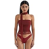 SUUKSESS Women Ruched Strapless Mesh Tube Top Y2k Sleeveless Bandeau Tank Tops with Scarf 2025