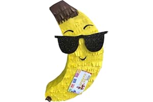 A PINATA 4 U APINATA4U Tall Banana with Sunglasses Pinata (17.5x13.5x3.5 Inch) - Hello Summer Theme Delight for Tropical Fruit Birthday Parties - Vibrant Yellow Decoration with Stick and Mask Included!