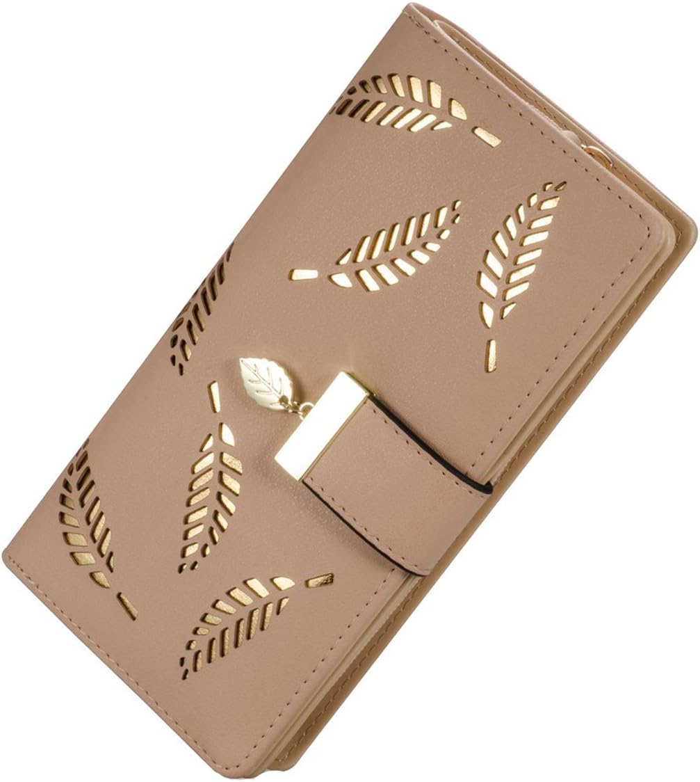 DNFCPurses for Women Leather Handbag Leaf Pattern Long Card Holder Wallet Girls Coin Purse Large Capacity Clutch Bag Ladies Purse (Light Brown)