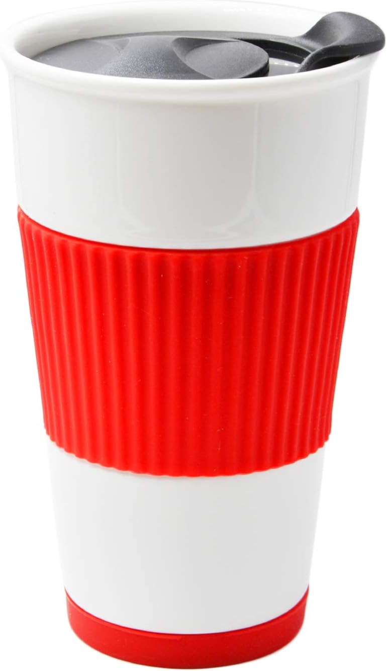 UDMug Car Commuter Travel Coffee Ceramic Cup with Slider Lid, Silicone Sleeve & Built-In Coaster, 14 fl.oz (Red)