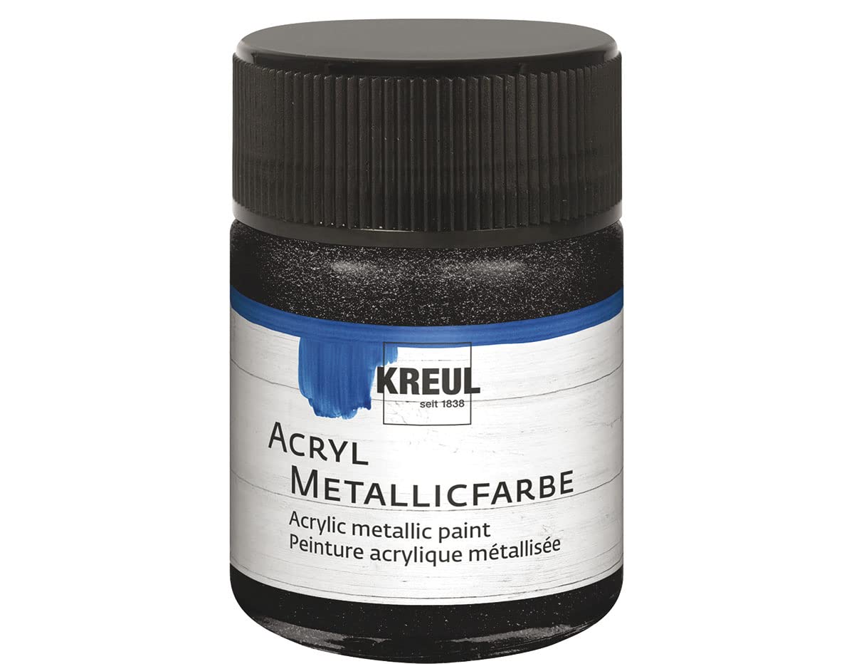 Kreul 77585 - Acrylic Metallic Paint, 50 ml Glass in Metallic Black, Glamorous Acrylic Paint with Metallic Effect on Water-Based, Creamy Opaque, Quick-Drying and Waterproof