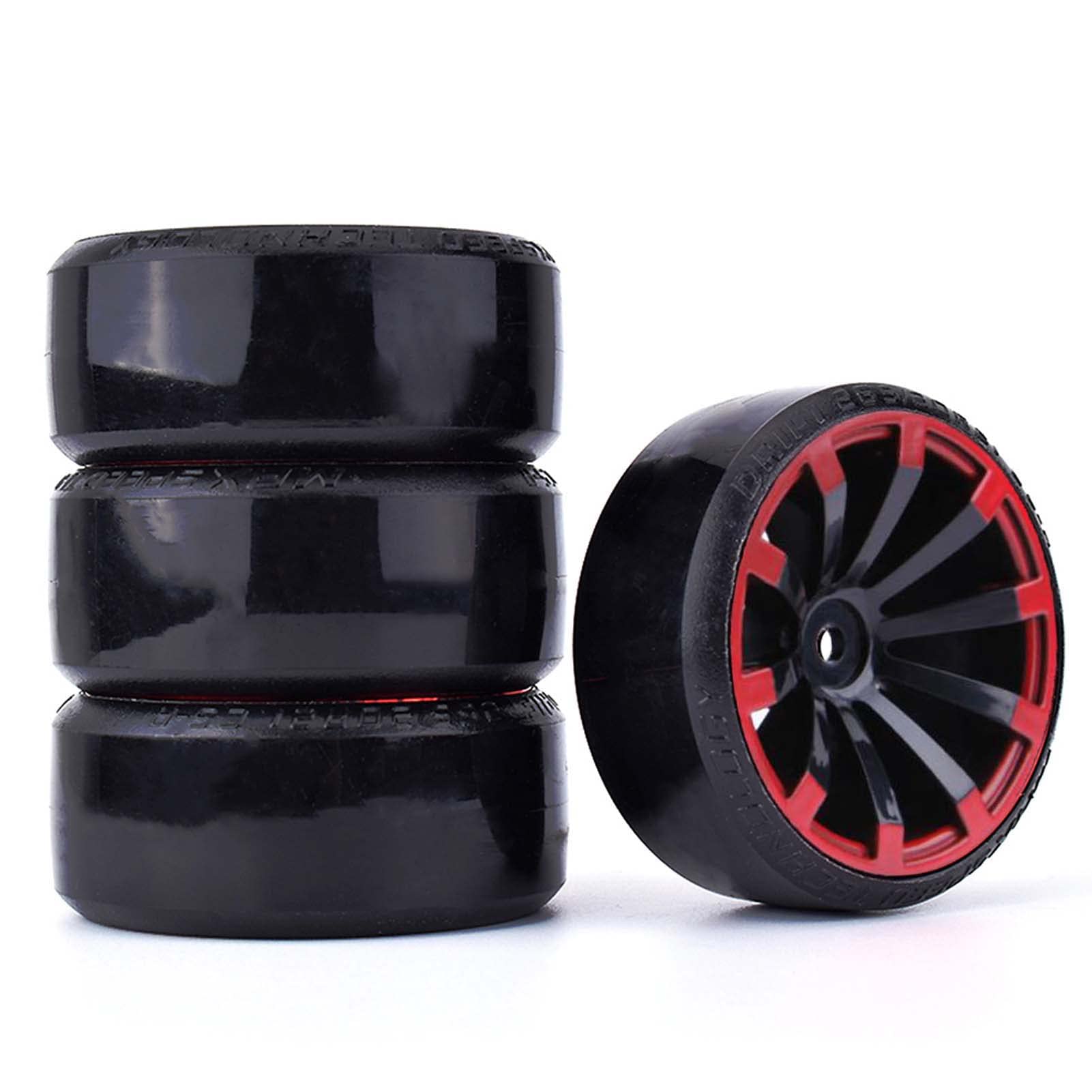 KEEDA 4PCS Hard Tires and 10-Spoke Plastic Wheels for 1/10 HSP Tamiya HPI Kyosho RC Drift Car (Black&Red)