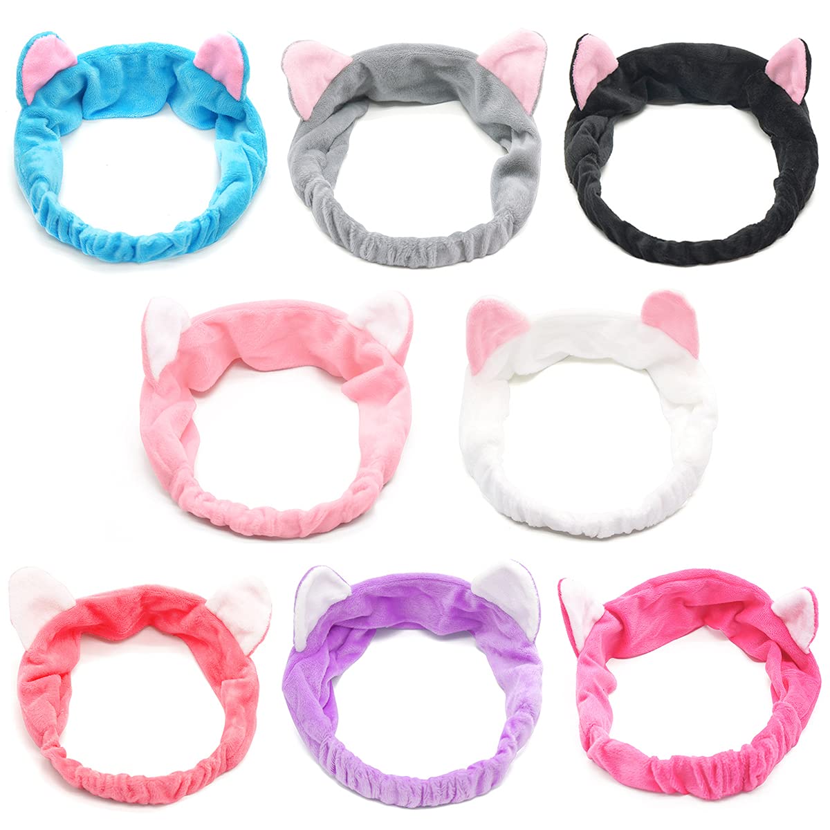 8pcs Cat Ears Headbands - Elastic Women's Lovely Etti Hair Band, Spa Shower Face Washing Hairband Facial Headband Make Up Wrap Head Band Washable Colourful Cloth Fits All Head Sizes