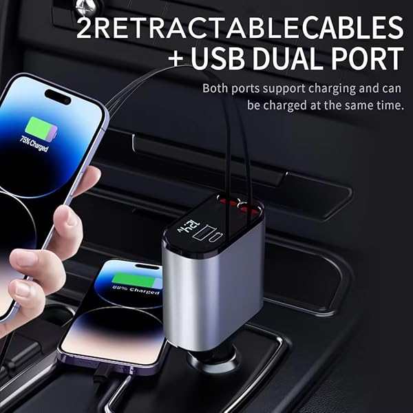 RETRACTABLE CAR CHARGER, 4 IN 1 FAST CAR PHONE CHARGER 66W, 2 RETRACTABLE CABLES AND USB CHARGING, FATHERS DAY FOR GIFTS DAD COMPATIBLE WITH IPHONE 14/13/12/11,USB PORT FOR GALAXY S25/S24/S23,PIXEL