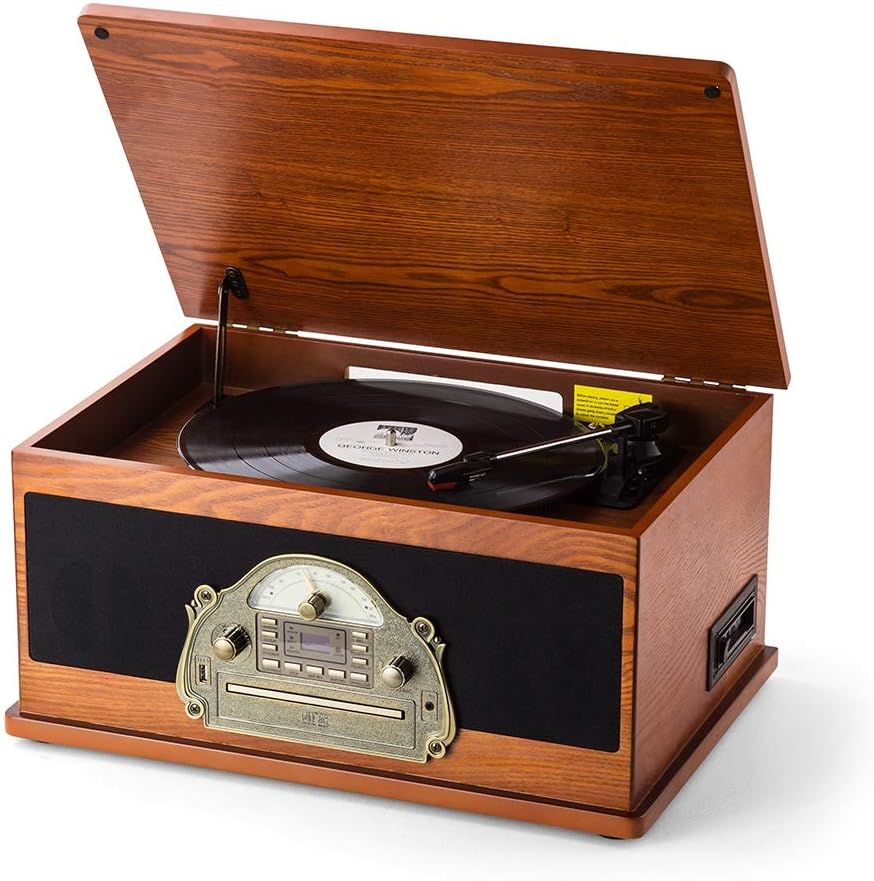 Rcm Nostalgic Wooden 7-in-1 Wireless Vinyl Record Player Music System with Built-in Stereo Speakers, 3-Speed Turntable, FM Radio, CD/Cassette Player, USB for MP3 Play & Recording (MC-263 Brown)