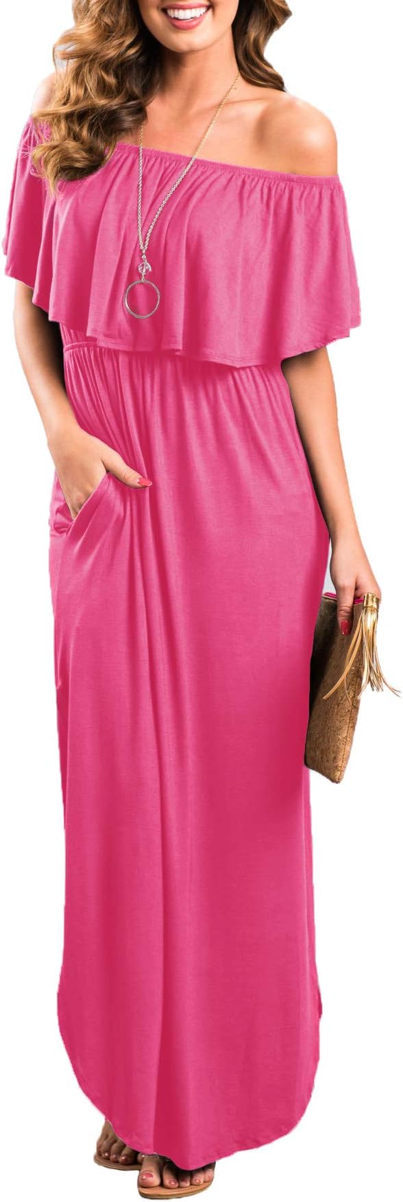 Womens Off The Shoulder Ruffle Party Dress Casual Side Split Beach Long Maxi Dresses with Pockets
