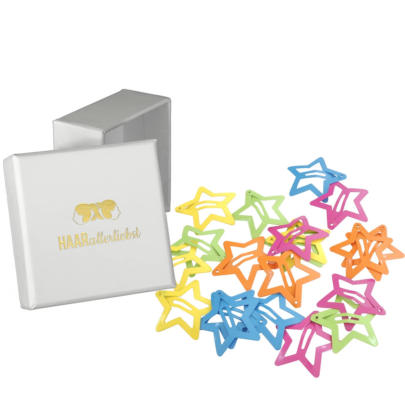 HAARallerliebst Hair Clips Mini Stars (Pack of 20) Yellow, Orange, Pink, Green, Blue 3 cm with Box for Storage (Box Colour: Pink) (Box Colour: White)
