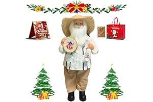 AOREK Puerto Rican Style Santa Claus Figurine, New 11-Inch Christmas Puerto Rico Santa Claus figure Decor with Straw Hat, Guayabera, PR Coqui Frog Tambourine & Rum Bottle, Xmas Holiday Decoration (1pc)
