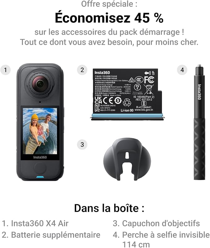 X4 Air Pack Démarrage Noir - Caméra 360 8K, Légère 165 g