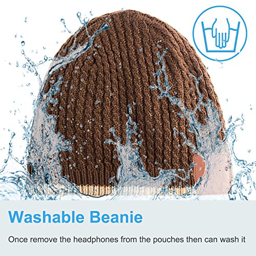 Qshell Unisex Adult Bluetooth Beanie Hat Trendy Soft Warm Short Audio Music Cap with Wireless Headphone Headset Speaker Mic Hands-Free, for Winter Outdoor Sport Skiing Snowboard - Brown - Thumbnail 2