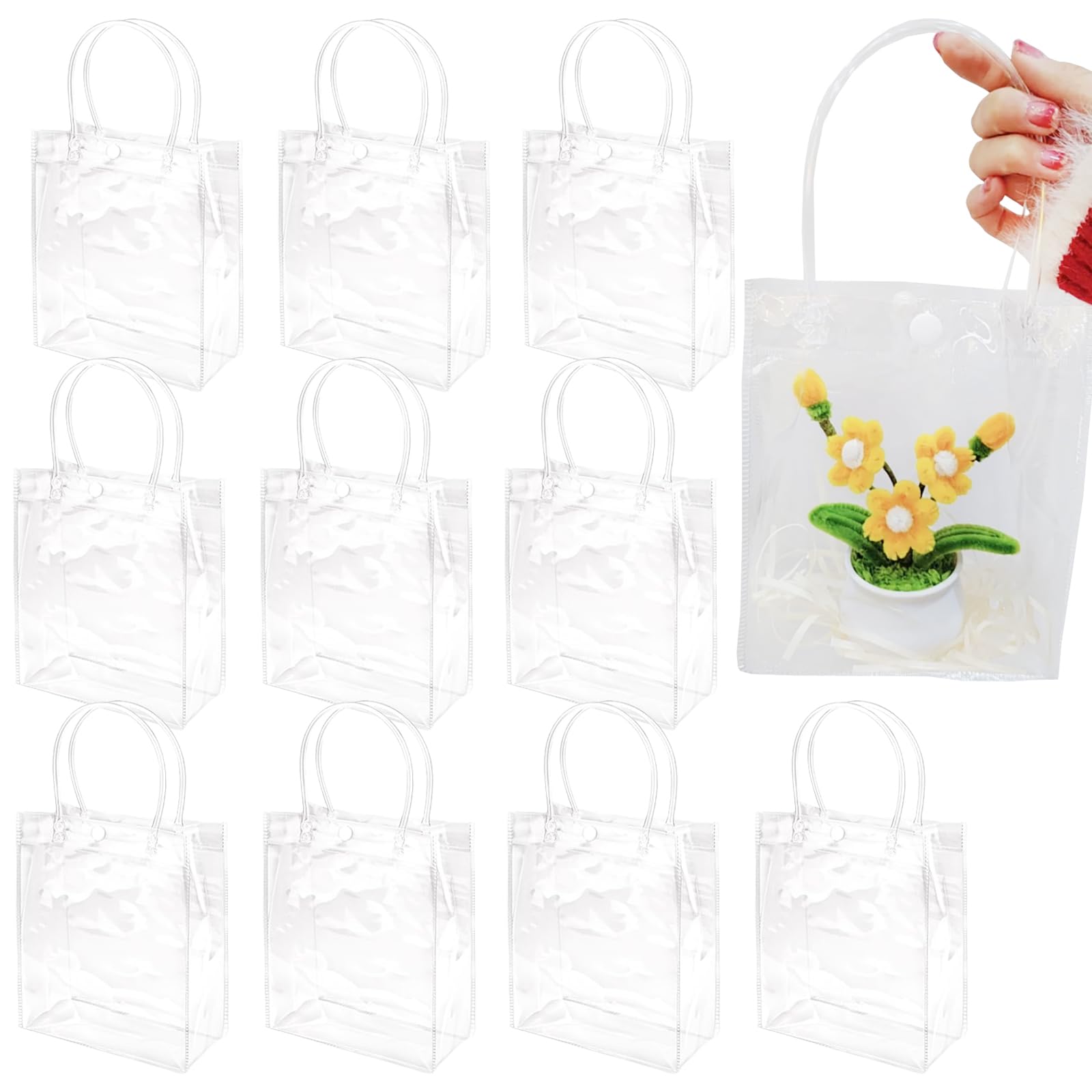 Photo 1 of 10 Pack Clear Plastic Gift Bags with Handles, Pvc Plastic Bags with Handles for Gifts Reusable Transparent Party Favor Bags PVC Goodie Bags Bulk for Wedding Baby Shower Birthday 5.9 x 6.3 x 2.8 Inch