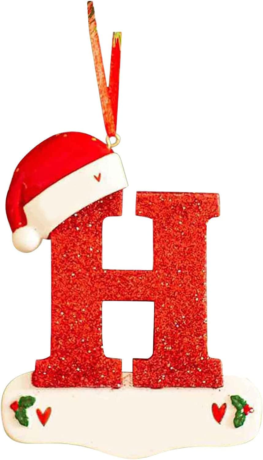 Ornaments - Christmas Initial with Red Hat Christmas Tree Ornaments Personalized DIY Christmas 26 Letters Ornaments Christmas Decoration Xmas Tree Hanging Decor (H)