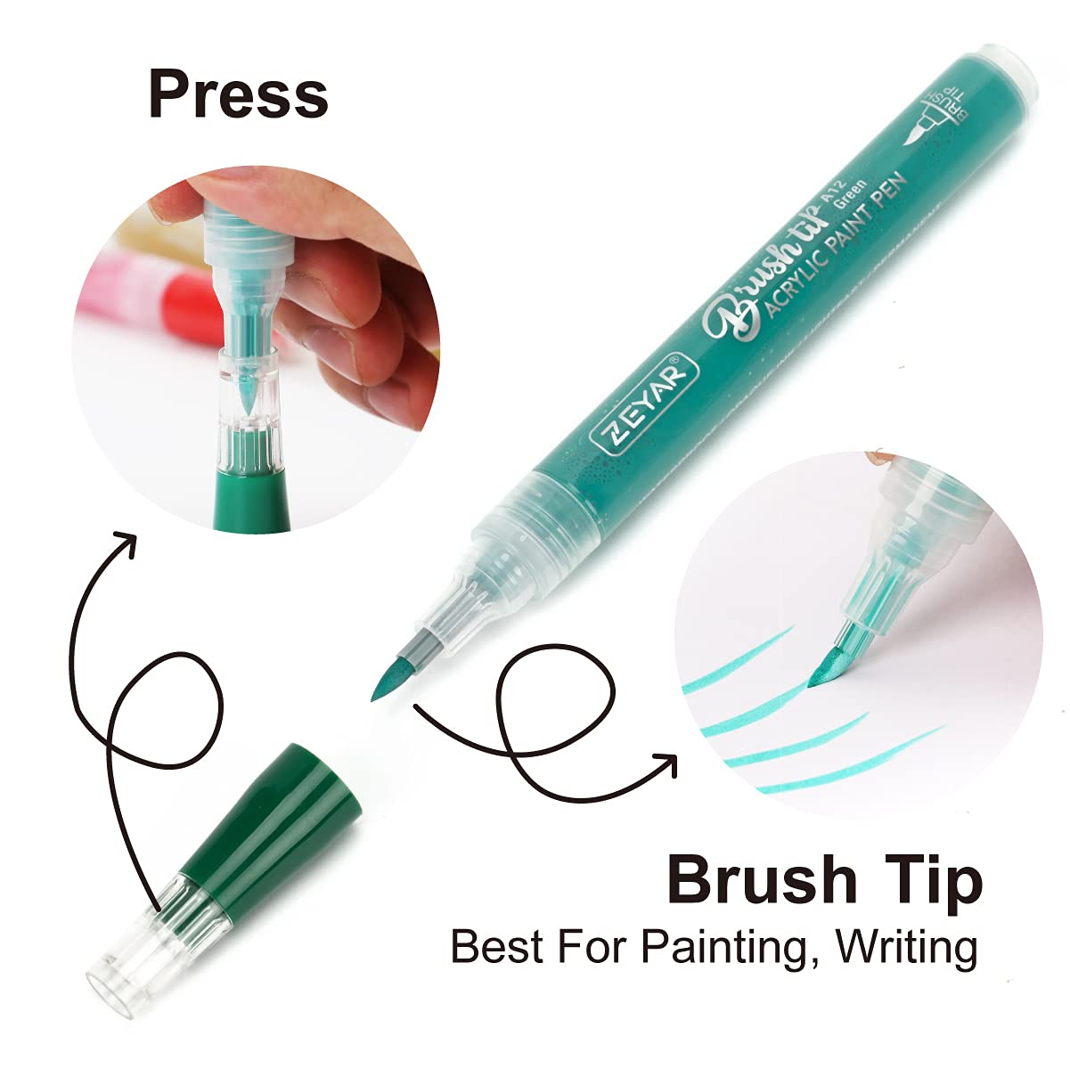 ZEYAR Acrylic Paint Pens Brush Tip, Valve-action Structure, Waterproof Ink, Writes on Paper, Rock, Rubber, Ceramics, Wood, Glass and more, Patented Product (12 Classic Colors)