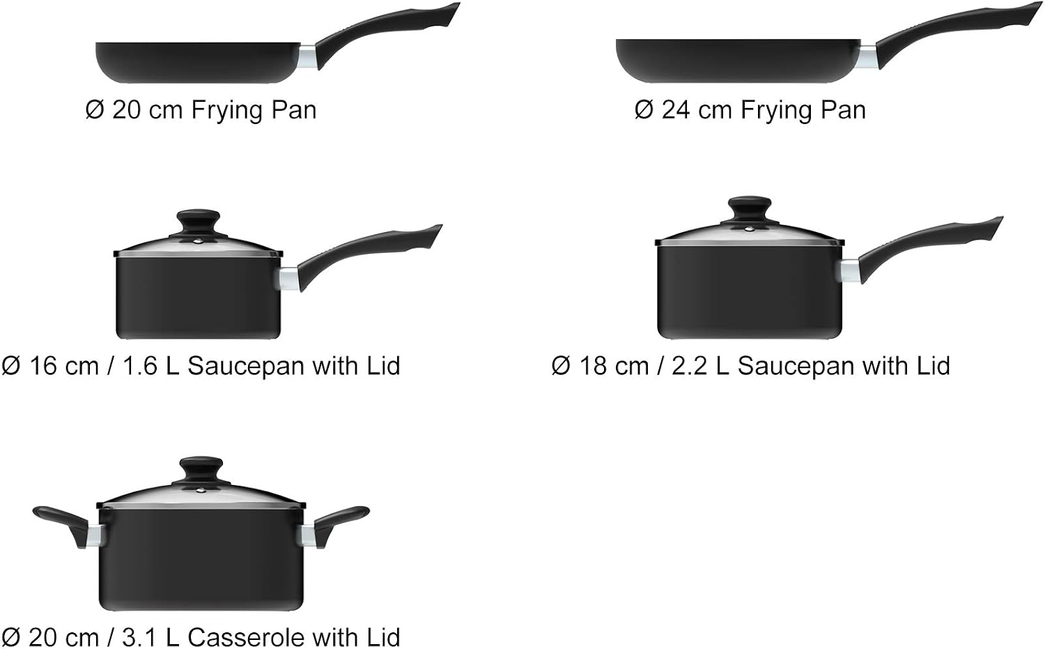 Amazon Basics 5-Piece Non Stick Induction Cookware Set, Including Frying Pan, Saucepan and Casserole with Lids, Black - Image 3