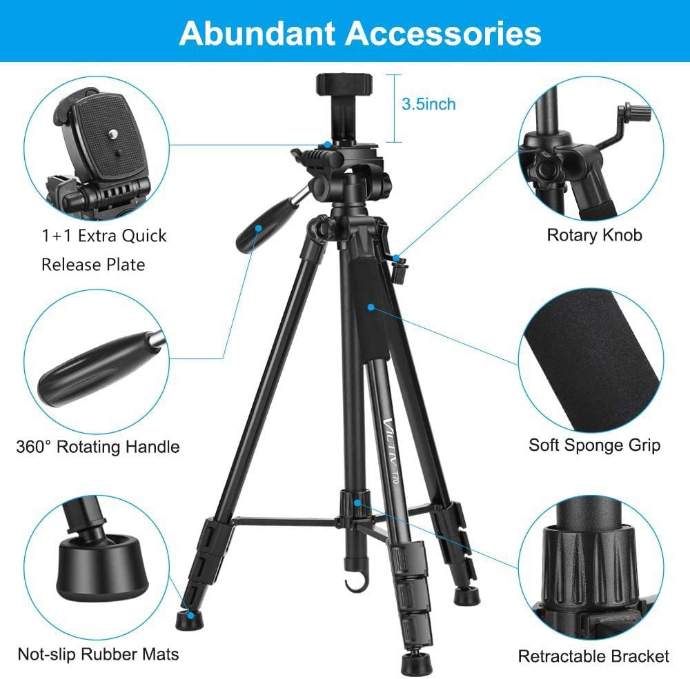 VICTIV 72 inch Aluminum Camera Tripod Loads Up to 11.6lbs, Lightweight Travel Tripod for DSLR with Extra Quick Release Plate and Pan Head Plus Phone Holder Compatible with iPhone/Android (T70) : Camera & Photo