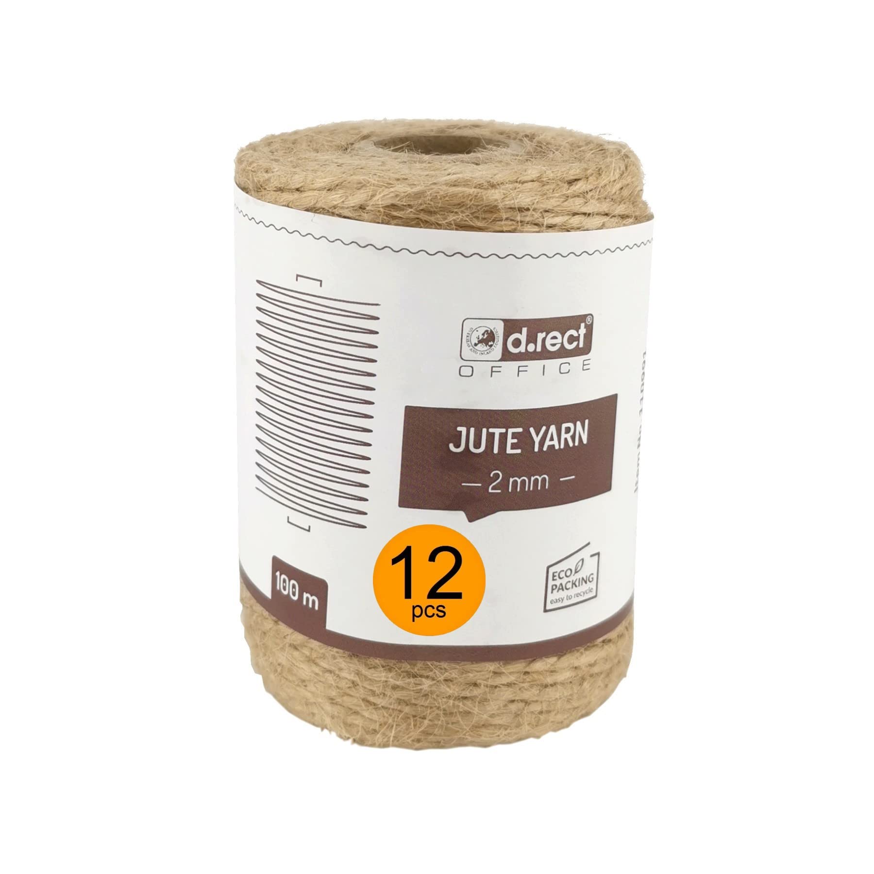D.RECT 100m Natural Brown Jute Cord - Pack of 12 | 2mm Thick | For Packaging, DIY, Arts, Crafts, Floristry, Decoration