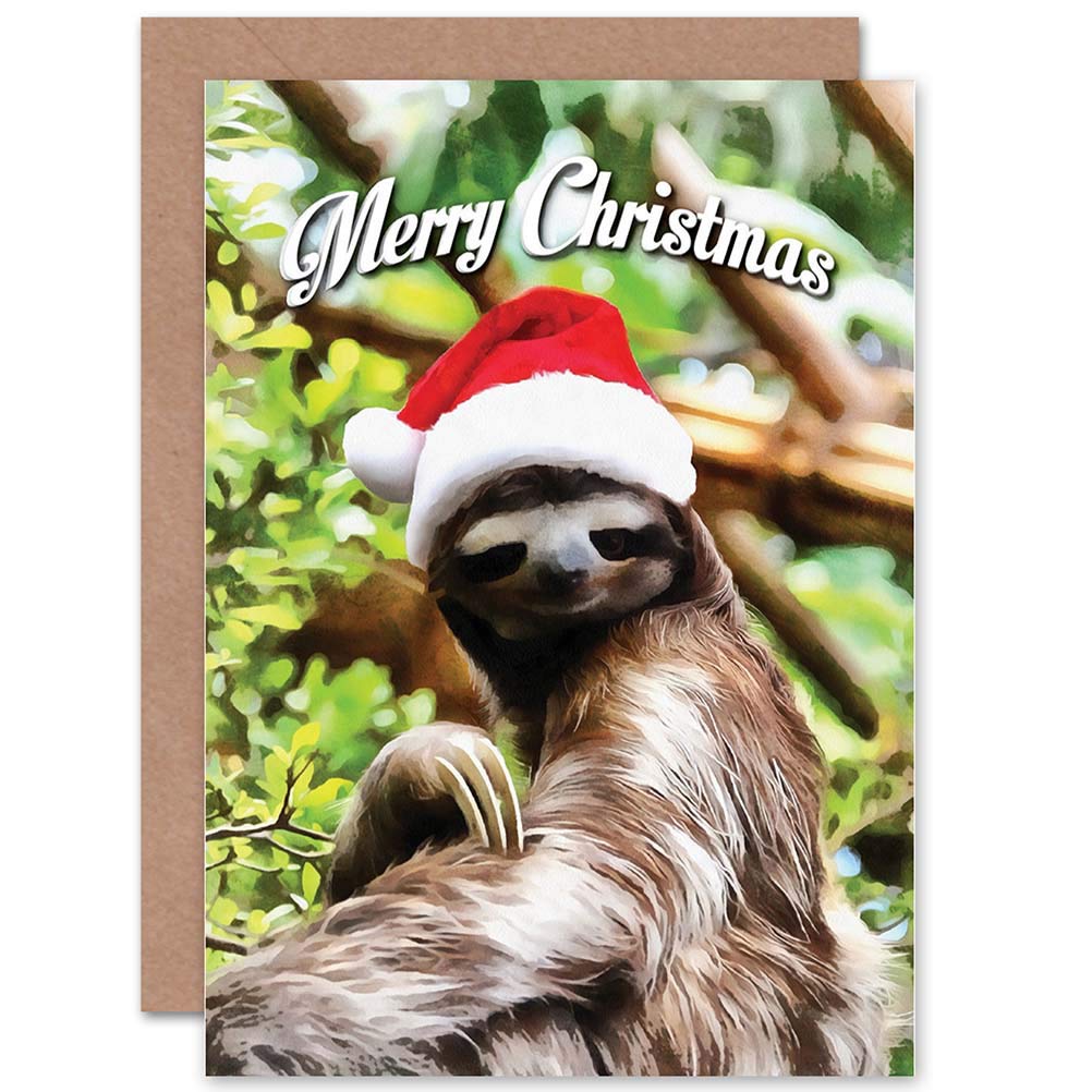Wee Blue Coo CARD CHRISTMAS XMAS MERRY SLEEPY SLOTH SANTA PRESENT GIFT
