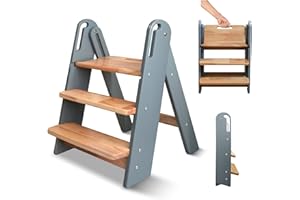 SUIHUOOO Step Stool for Toddler, 3-Step Kids Step Stool for Bathroom Sink, Foldable Toilet Potty Training Stool with Handles, Child Kitchen Counter Stool Helper Wooden Ladder for Toddlers (Grey) (Grey)