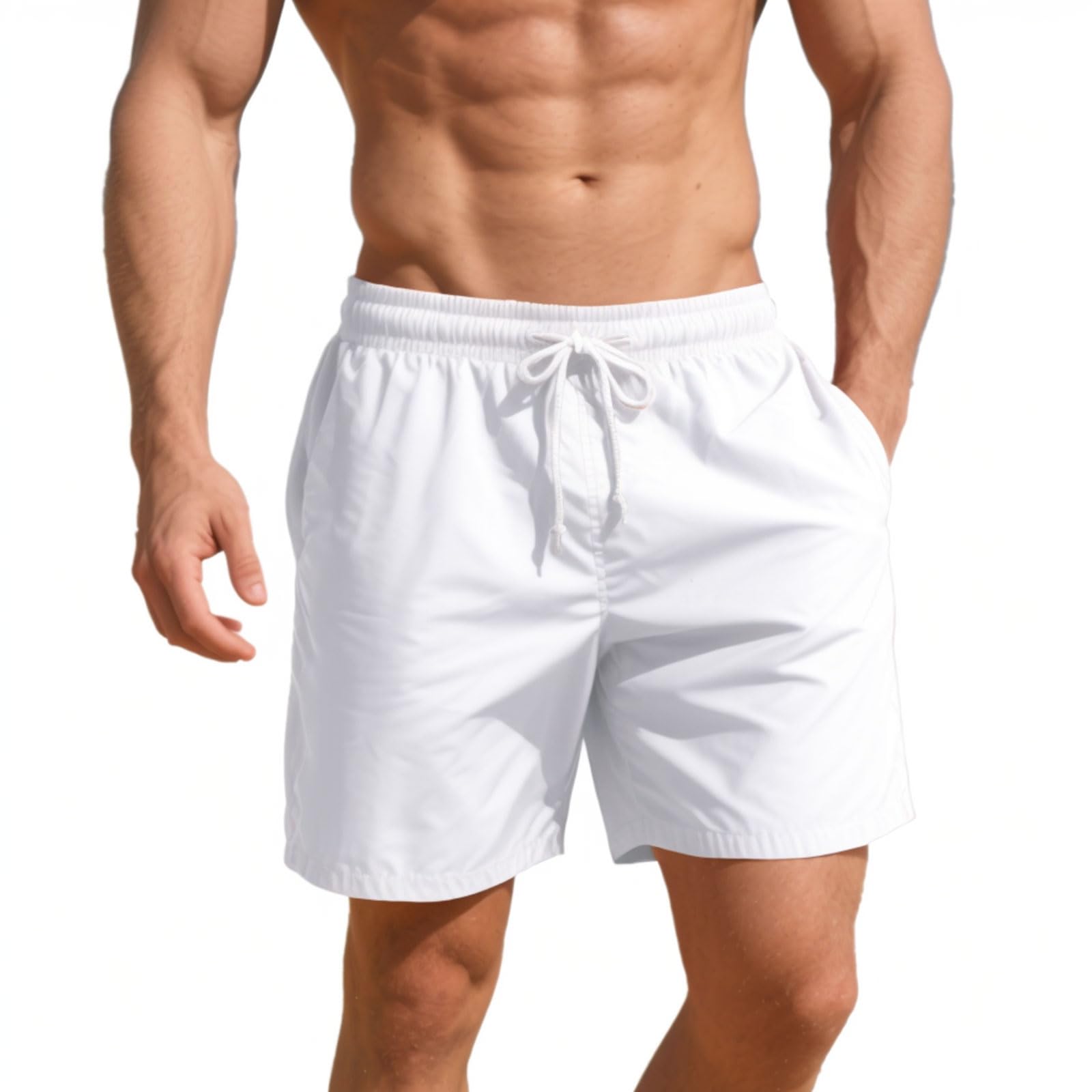 Photo 1 of LUYIJIESHENG Men's White Swim Trunks 5 Inch Quick Dry Board Shorts Mesh Lining Swimming Trunks Beach Shorts for Men Bathing Suits with Pockets Size L