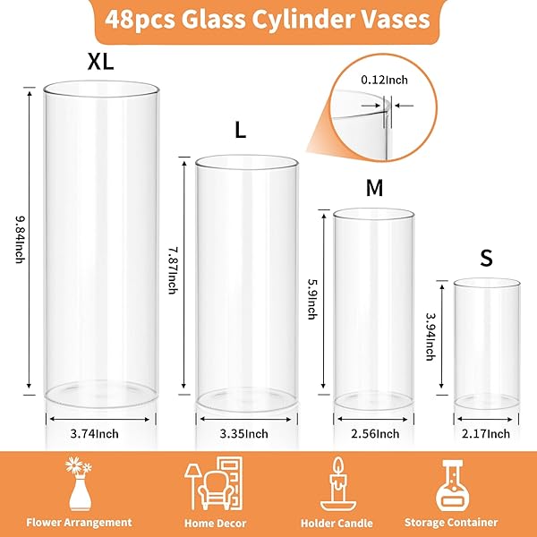 SCAWIM 48PCS CLEAR VASES FOR CENTERPIECES, 4,6,8,10 INCH GLASS CYLINDER VASES, TALL HURRICANE FLOWER VASE BULK FOR FLOWER ARRANGEMENTS, HURRICANE CANDLE HOLDER FOR TABLE, HOME, PARTY, WEDDING DECOR