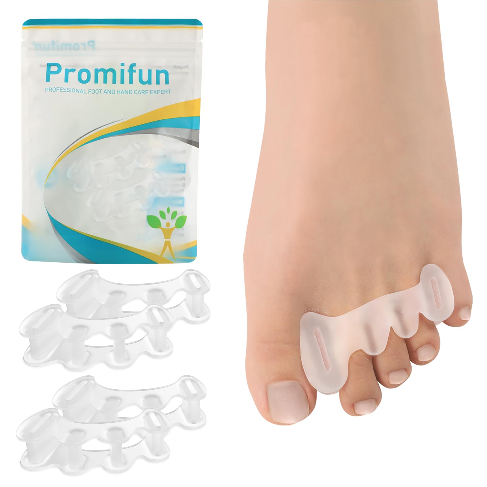 Promifun Toe Separators, 2 Pairs of Soft Gel Toe Spacers for Correcting Bunions, Toe Stretcher for Relieving Plantar Fasciitis, Claw Toe, Hammertoe, Foot Pain in Men and Women (Clear + L)