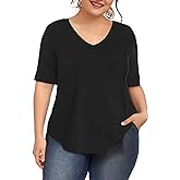 Amoretu Womens Plus Size Tops V-Neck Short Sleeve Tshirt Casual Blouse