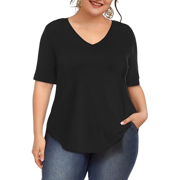 Amoretu Women's V-Neck Short Sleeve Tee - Basic Plain Blouse, Black, Size Small
