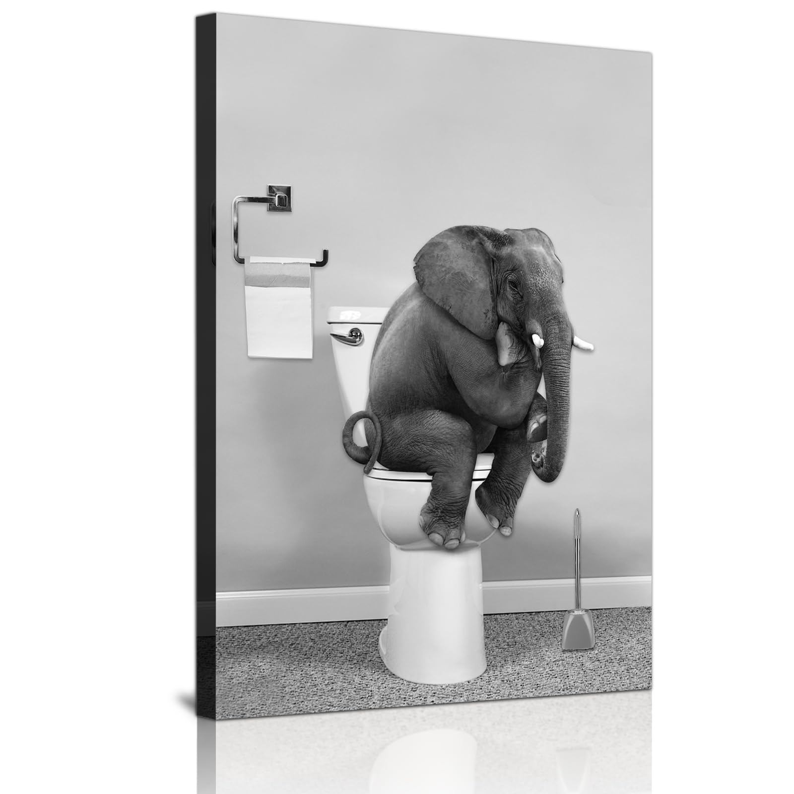 Cute Newspaper Animal Wall Art Black and White Canvas Printed Cabin Bathroom Decoration Bath Wall Picture Frameless (Elephant, 1 Piece - 20 x 30 cm)