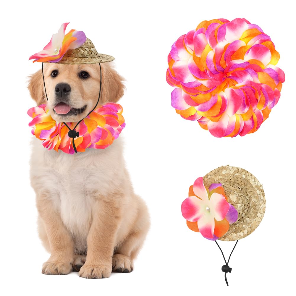 Hawaiian Pet Dog Costume,1 Pcs Flower Leis Garland and 1 Pcs Hawaiian Straw Hat Dog Puppy Hawaiian Leis Outfits for Pet Puppy Cat Party Dress-up Cosplay Costume