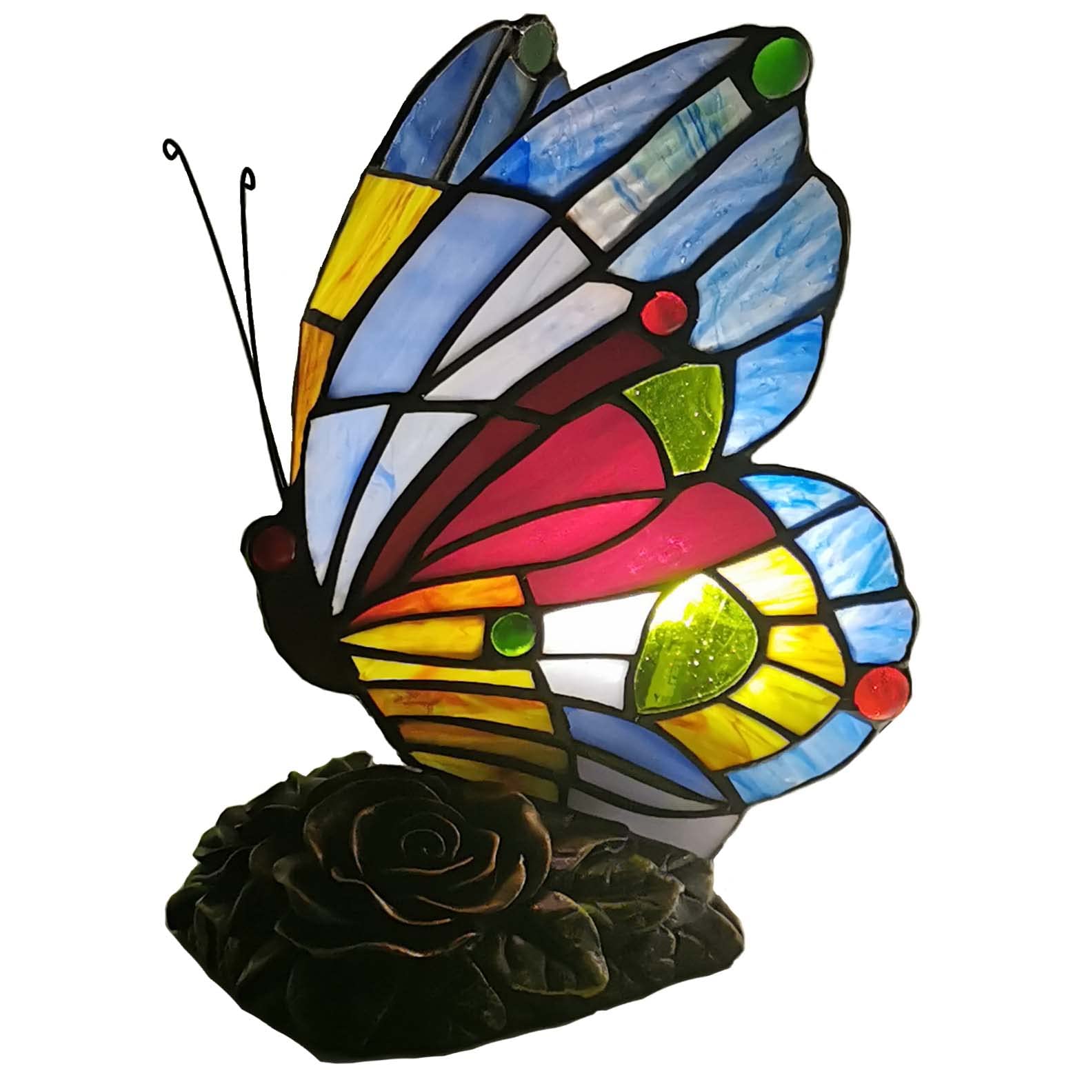 Bieye L30042US 8 inches Butterfly Tiffany Style Stained Glass Accent Table Lamp Night Light for Bedside Bedroom Living Room Coffee Table, Blue Red