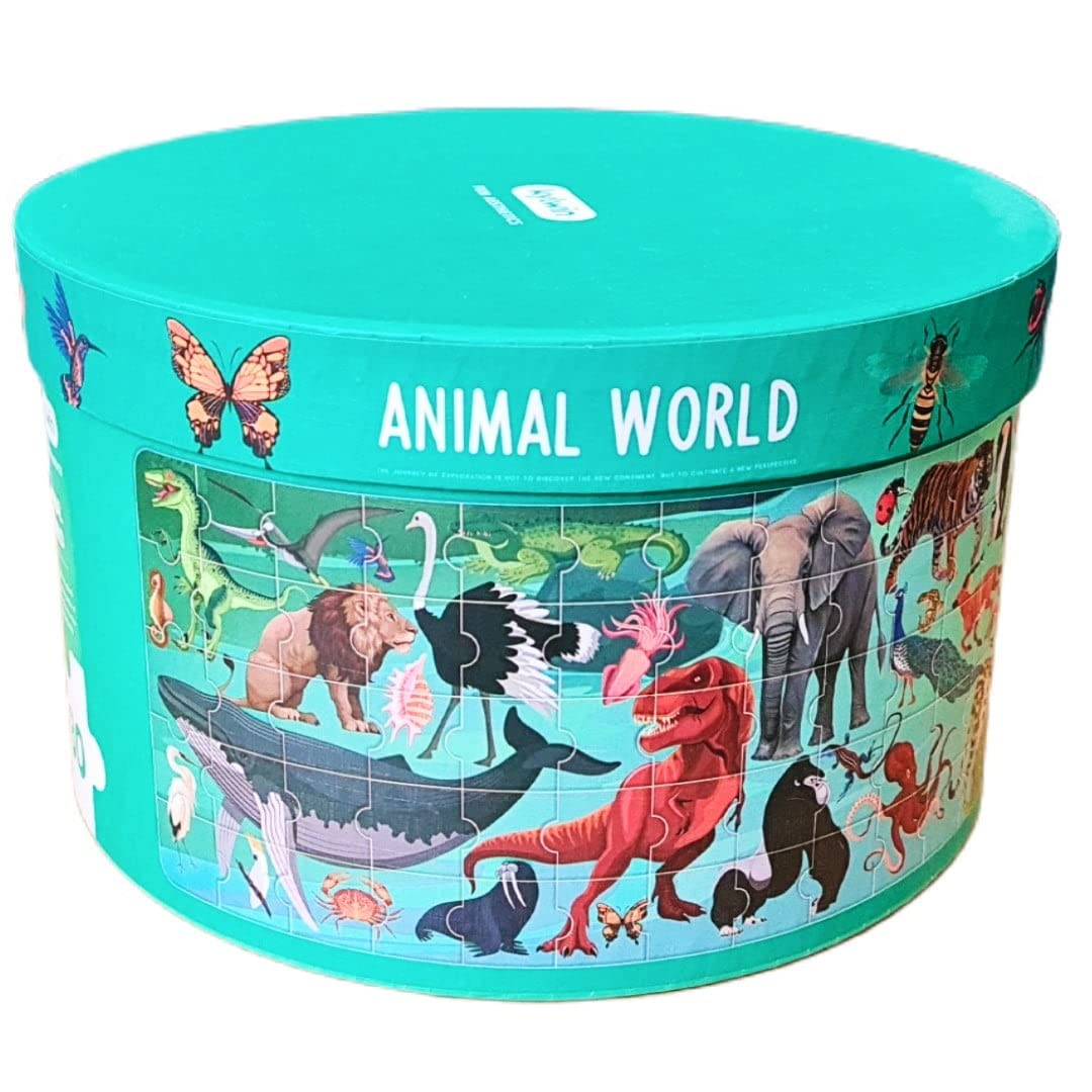 Animal World Jigsaw Puzzle | Giant Lion Puzzle with 280 Puzzle Pieces featuring over 50 Animals | Round Puzzle Box Learning Gift for Kids Age 5 Years Plus