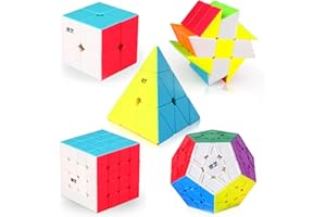 Roxenda Speed Cube Set, Speed Cube Bundle of 2x2 4x4 Megaminx Windmill Cube and Pyramid Cube Smoothly Magic Cubes Collection for Kids & Adults [5 Pack] (Stickerless)