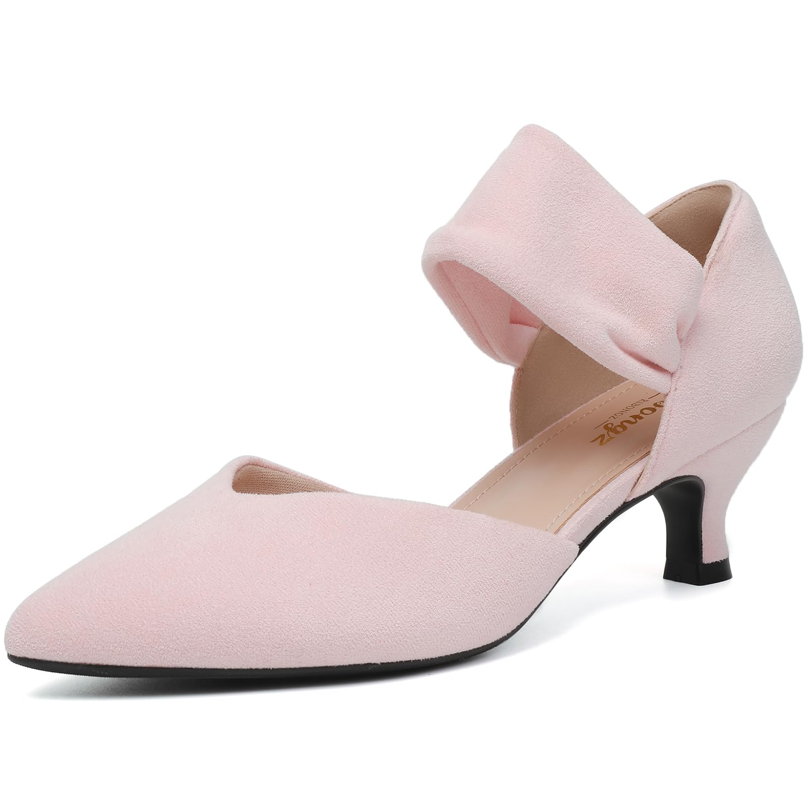 RIBONGZ Pink Comfortable Kitten Heels Suede Prom Low Heels for Women Closed Pointed Toe Sexy Slip on Pumps Church Wedding Bridal Party Dressy Shoes 7.5 Image
