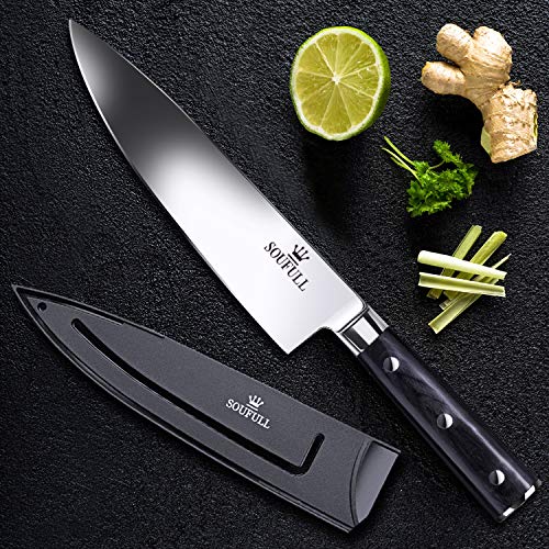 Professional Chef Knife- Soufull 8 inch High Carbon Stainless Steel Kitchen Knife-Razor Sharp Durable Blade&Ergonomic Pakka Wood Handle-Guard Included