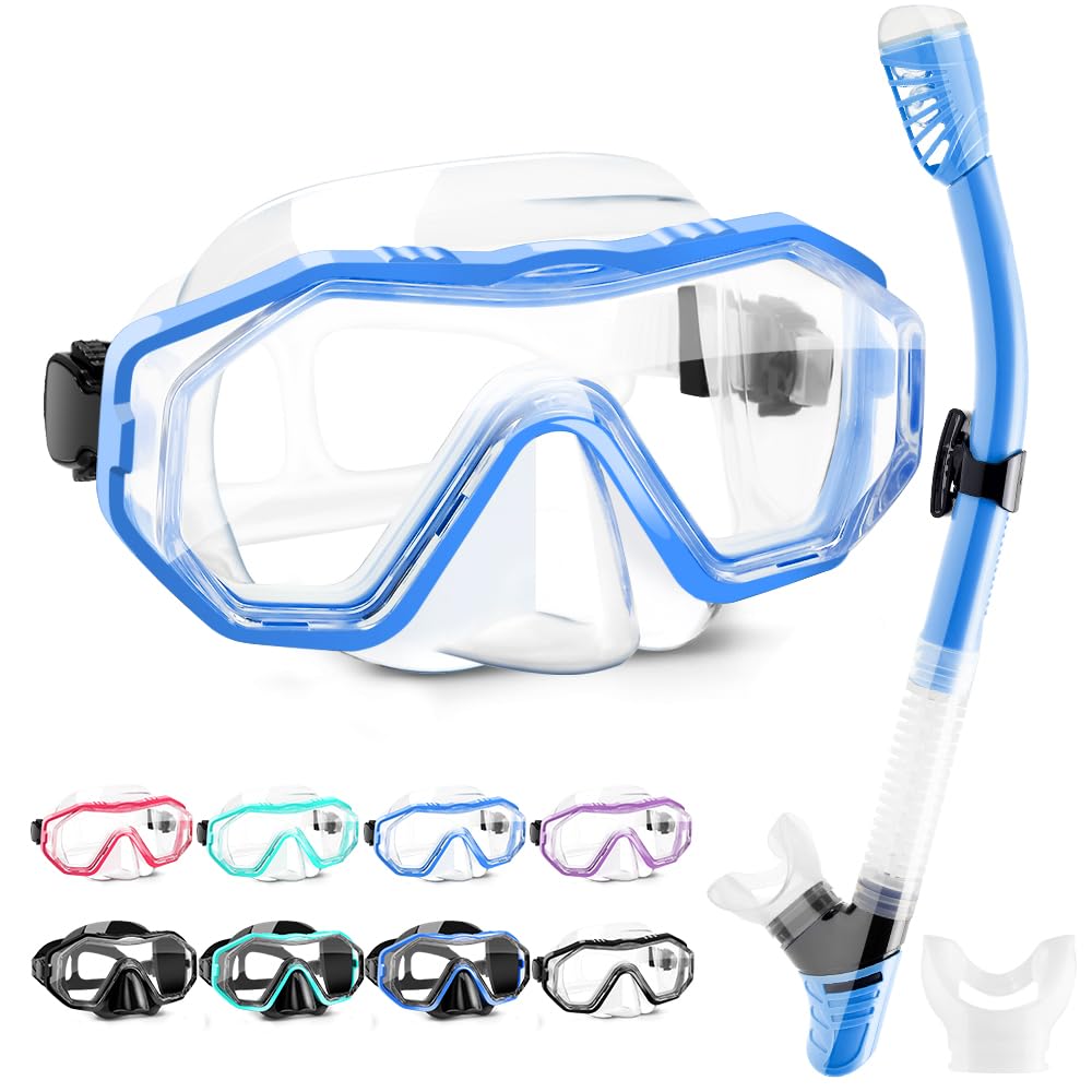 HINATAA Dry Snorkel Set, Multi-Colors 180° View Anti-Fog Diving Goggle and Silicone Anti-Leak Dry Snorkel Tube, Profession Snorkeling Gear, Easy Breath Snorkel Mask for Adult and Teenagers (Blue)