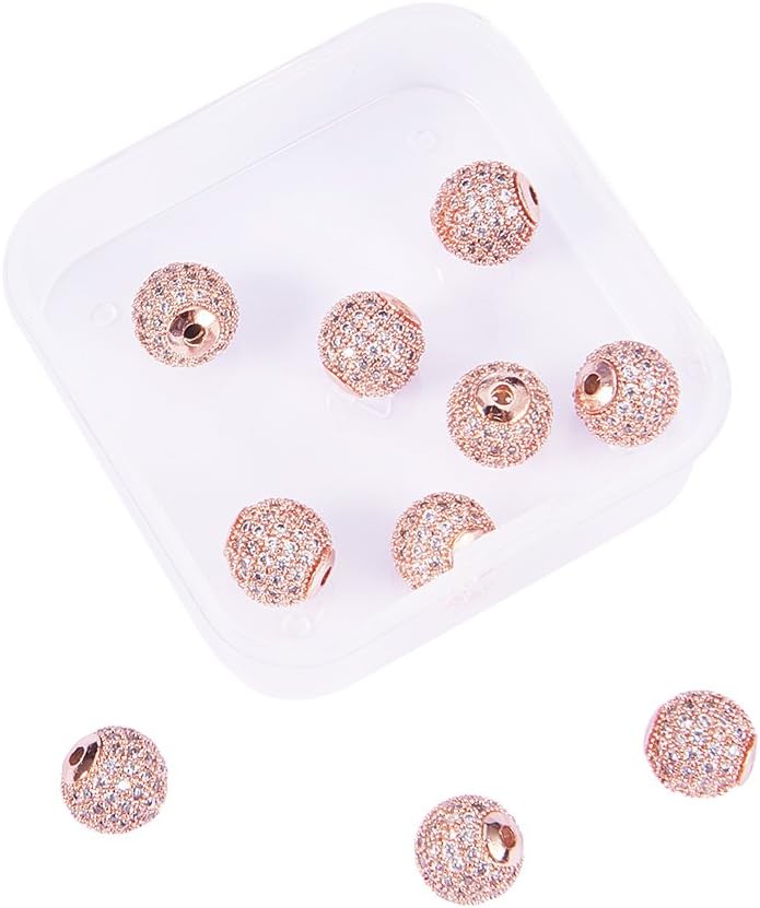 NBEADS 1 Box of 10 Pcs 10mm Crystal Cubic Zirconia Pave Micro Setting Round Beads Pave Disco Ball Spacer Beads Brass Bracelet Connector Charms for Jewelry Making, Rose Gold