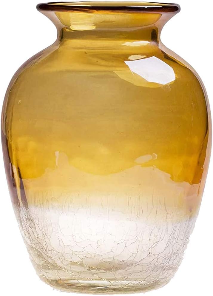 Jetlinkcrafts Crackle Mouth-Blown Art Glass Vase Table Decor, 9.06" H, Amber