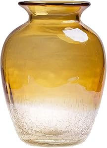 Jetlinkcrafts Crackle Mouth-Blown Art Glass Vase Table Decor, 9.06" H, Amber
