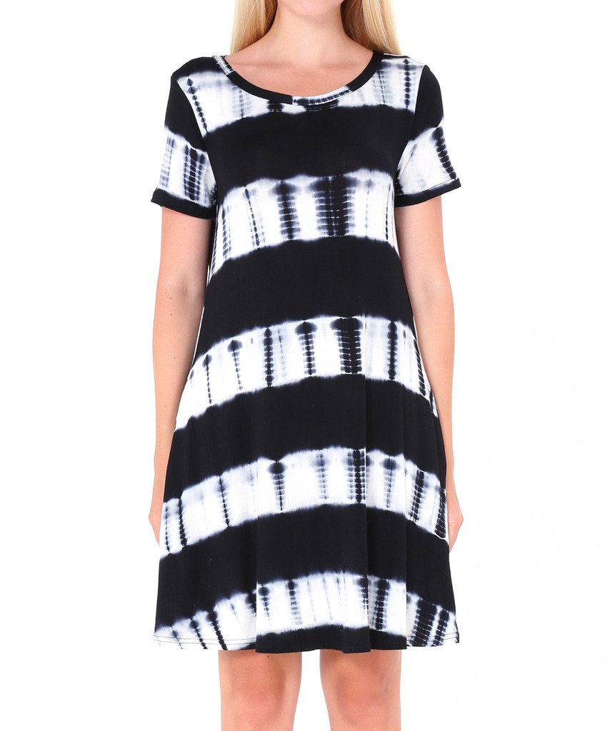 Women\'s Ombre Swing Dress Short Sleeve Tie Dye Dress with Pockets Black M