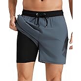 Roxdme Mens Swim Trunks with Compression Liner Quick Dry Beach Shorts with Zipper Pockets
